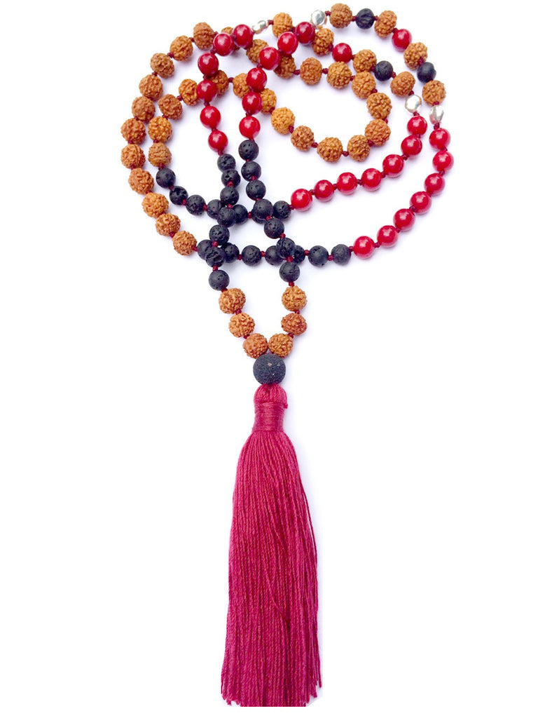 Mala prayer Beads yoga necklace handmade from Red Coral, Lava, rudraksha