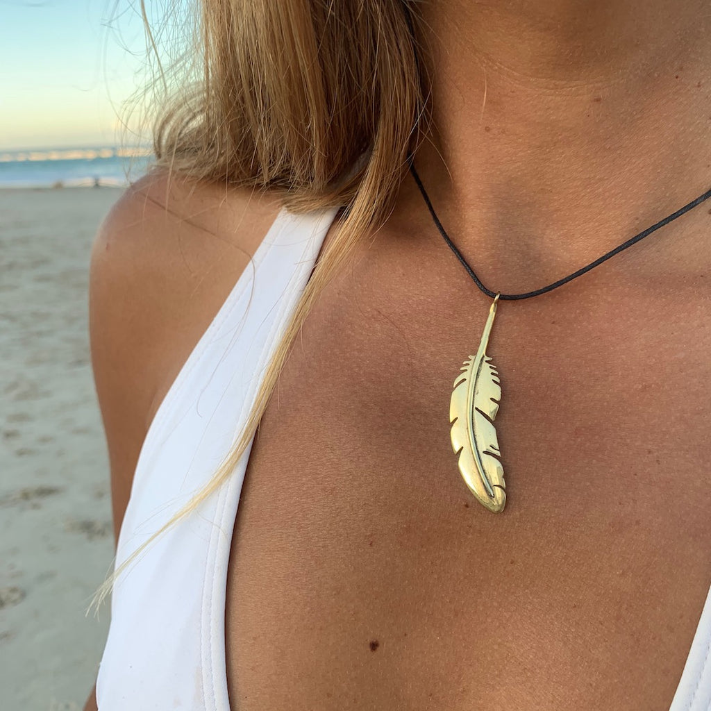 Feather Necklace Brass Pendant