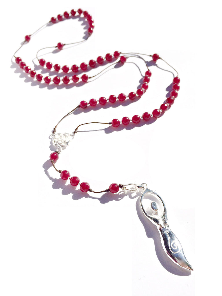 Ruby Quartz Rosary Beads with Silver Goddess pendant handmade gemstone necklace