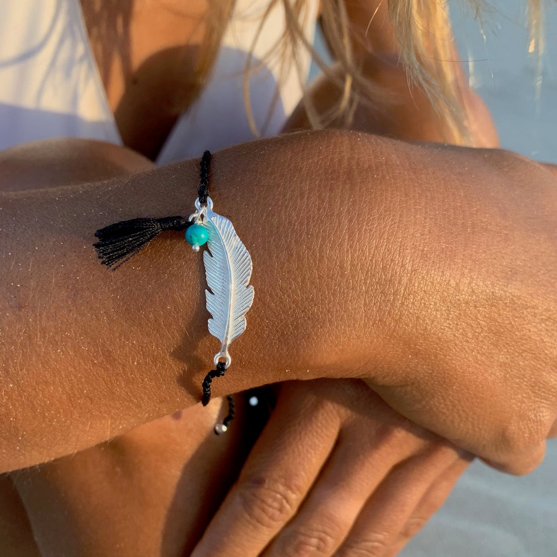 silver Feather charm bracelet with turquoise Heart Mala Yoga
