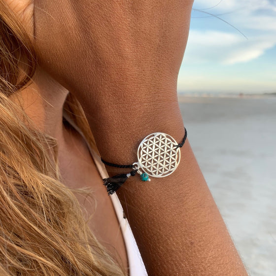 silver Flower Of Life charm bracelet with turquoise 