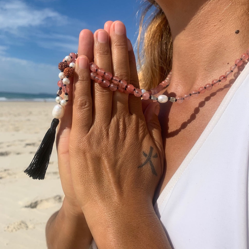 Mala prayer beads yoga necklace handmade from cherry quartz and pearls