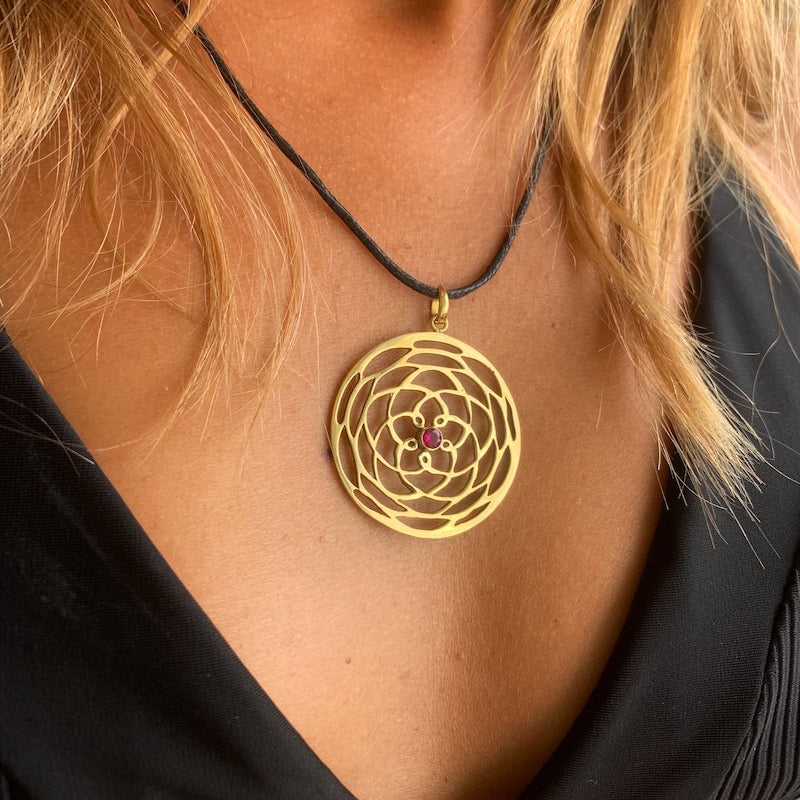 brass Rose Of Venus Necklace sacred geometry pendant, Ruby Quartz stone