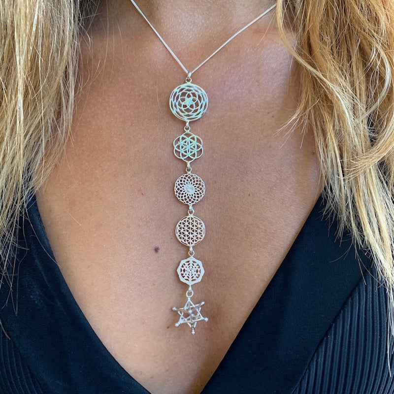 Sterling Silver Sacred Geometry Necklace linked yoga symbols Rose of Venus, Seed Of Life, Sunflower, Flower Of Life, Sri Yantra, Merkaba 