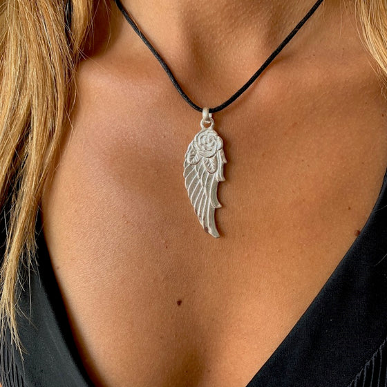 Angel Wing Rose Silver Pendant Necklace