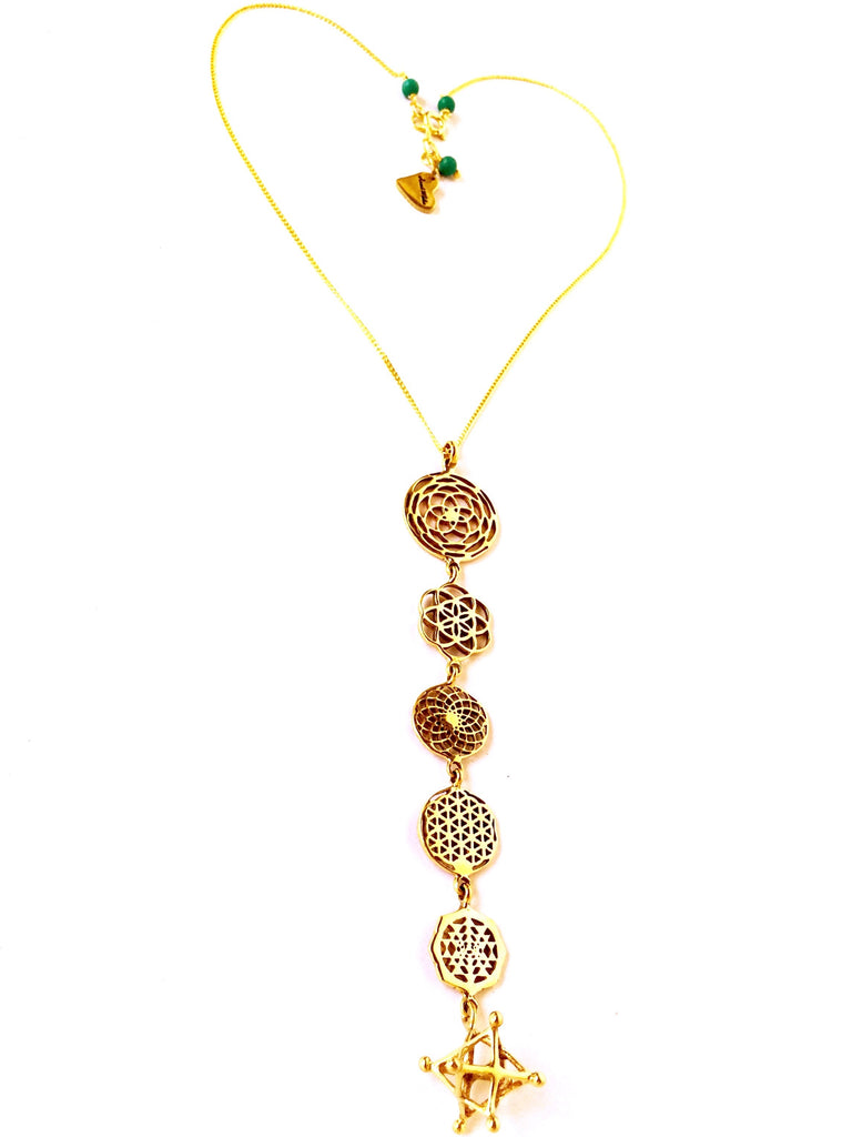 Brass Sacred Geometry necklace Linked yoga symbols Rose of Venus, Seed Of Life, Sunflower, Flower Of Life, Sri Yantra, Merkaba Tantric Star