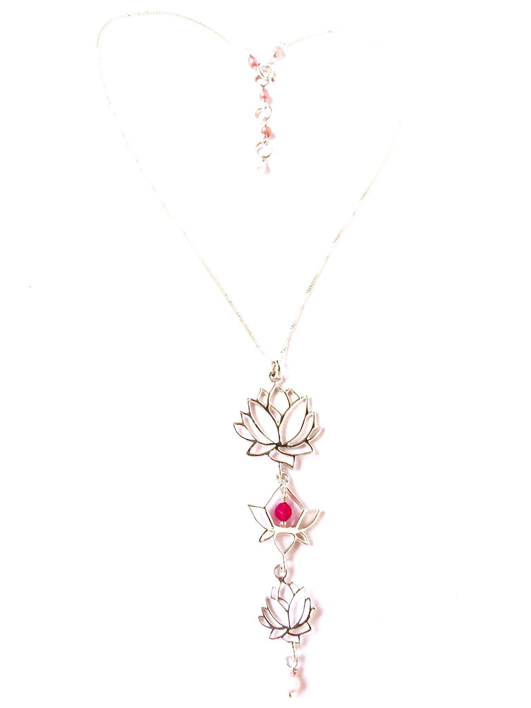 Triple Lotus Linked Sterling Silver Yoga Necklace with heart healing gemstones