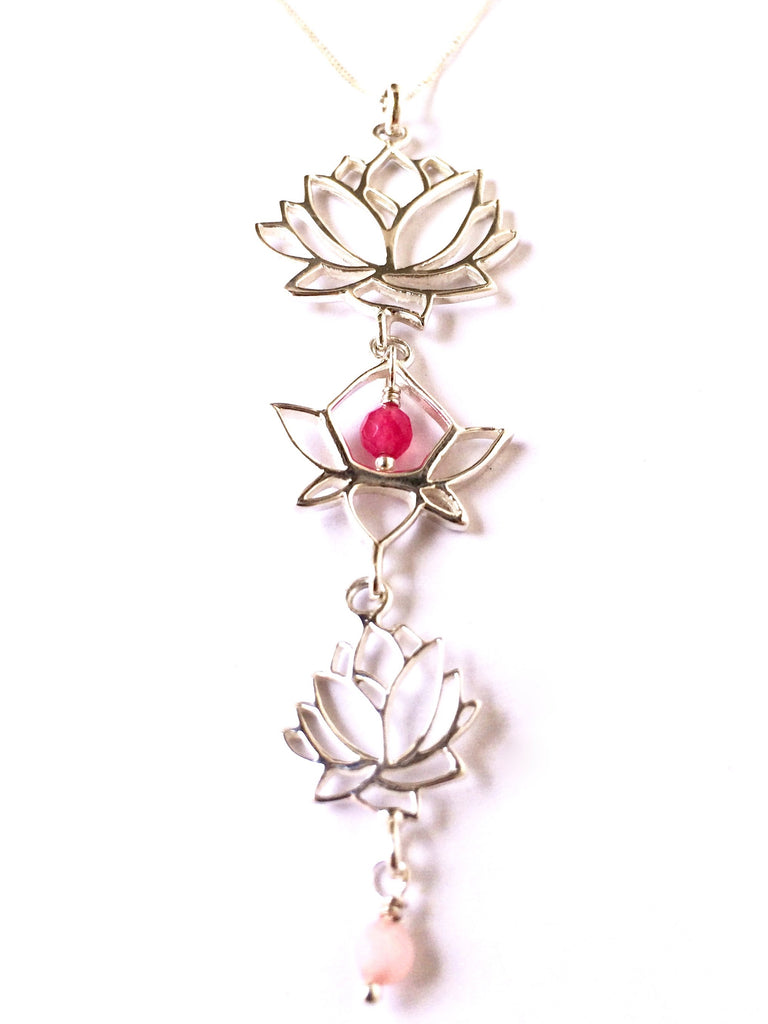 Lotus Linked Sterling Silver Yoga Necklace with heart healing gemstones