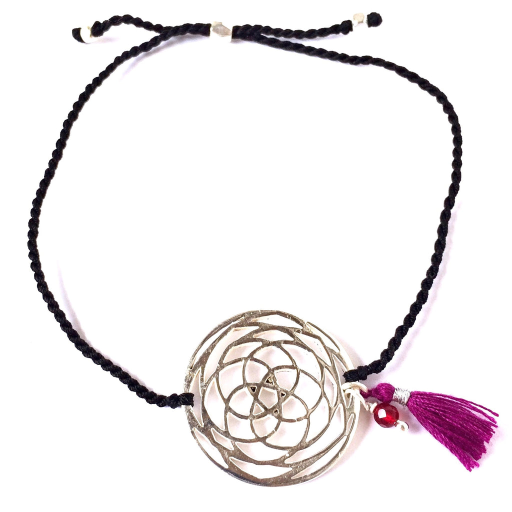 Silver Rose Of Venus sacred geometry jewellery charm bracelet with Ruby Quartz
