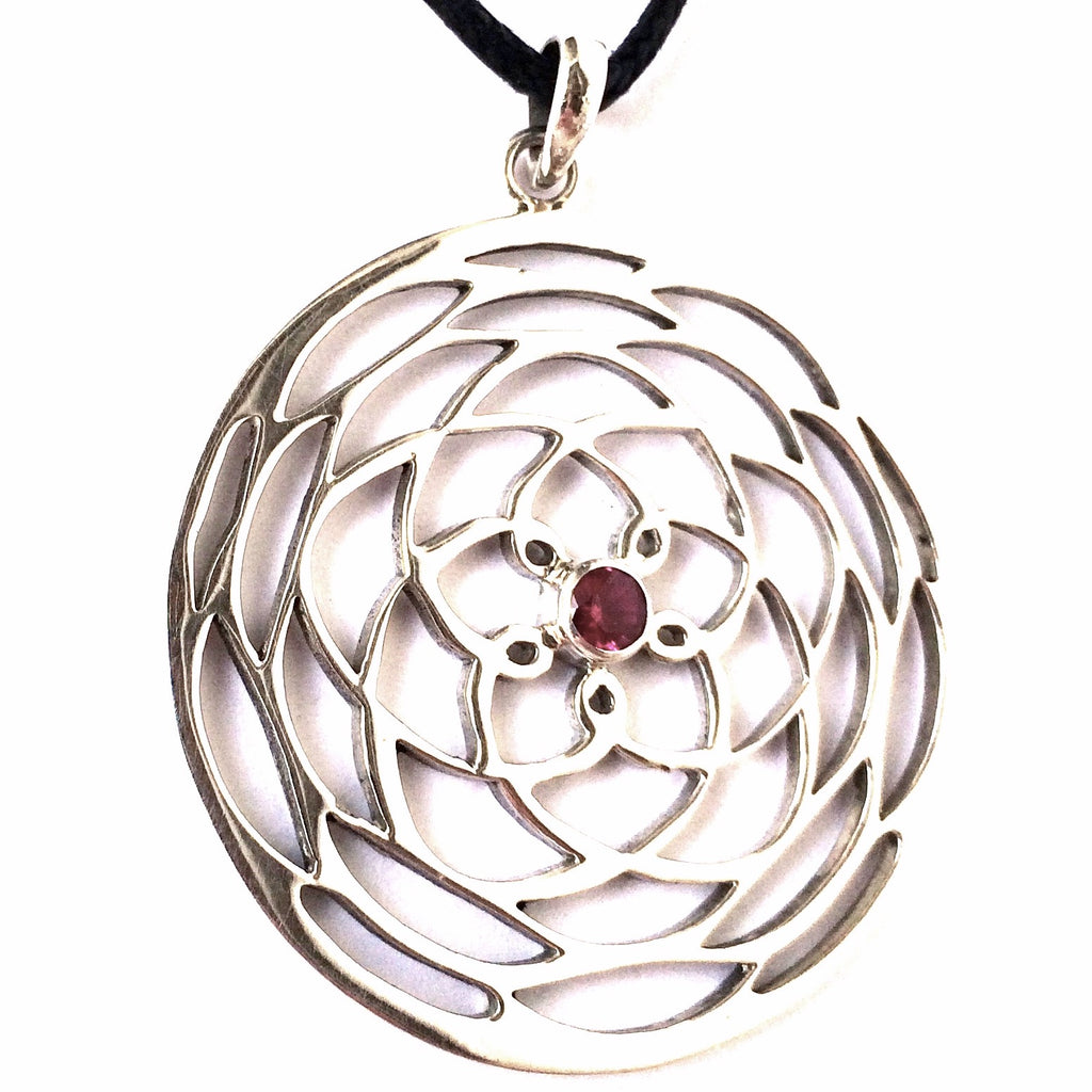 silver Rose Of Venus pendant sacred geometry necklace, Ruby Quartz stone