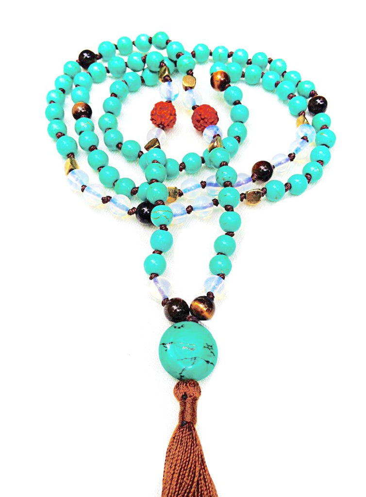 Mala beads yoga necklace of Turquoise, Tigers Eye & Moonstone