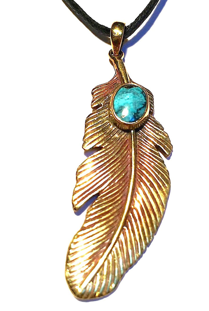 Eagle Feather Necklace Brass Pendant with Turquoise