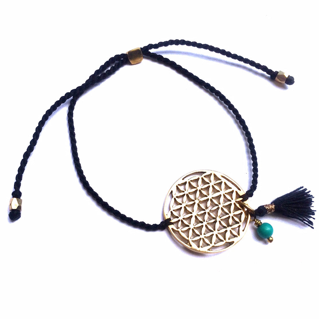 brass Flower Of Life sacred geometry charm bracelet with turquoise