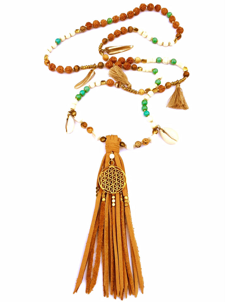 Flower of Life sacred geometry Boho Mala Beads Yoga Necklace Turquoise, Howlite, Jasper, Rudraksha