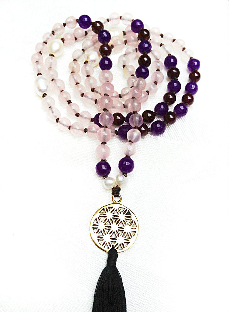 Mala beads yoga necklace with Flower Of Life sacred geometry pendant and gemstones of Rose quartz, amethyst & garnet