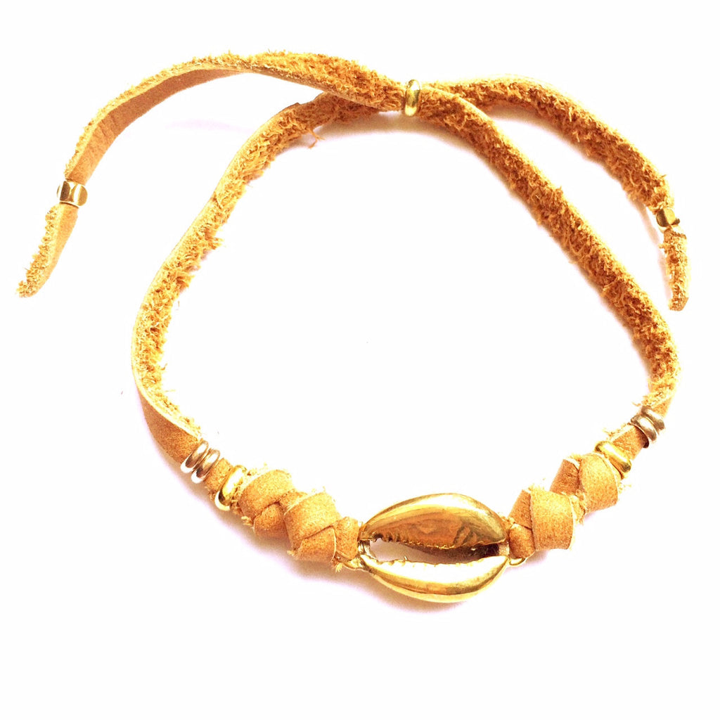 brass cowrie shell charm bracelet on suede leather - Heart Mala