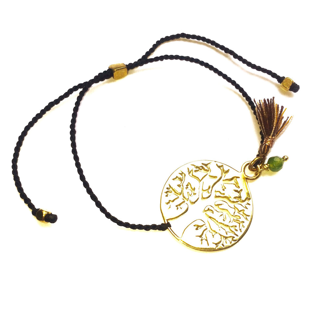 brass Tree Of Life charm bracelet with Green Agate