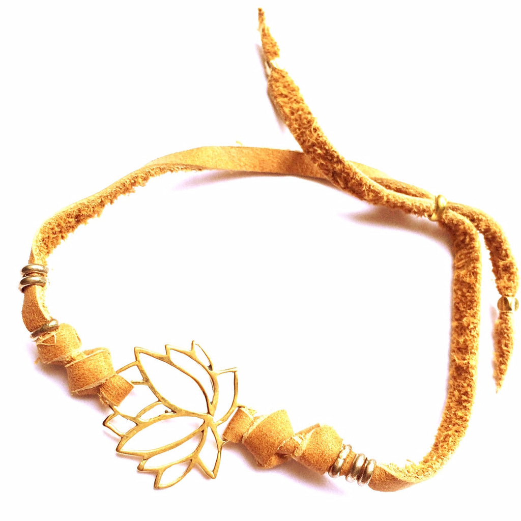 brass Lotus charm bracelet on suede leather - Heart Mala