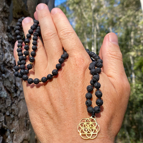 Lava Mala Prayer Beads mens yoga necklace brass Seed Of Life sacred geometry pendant