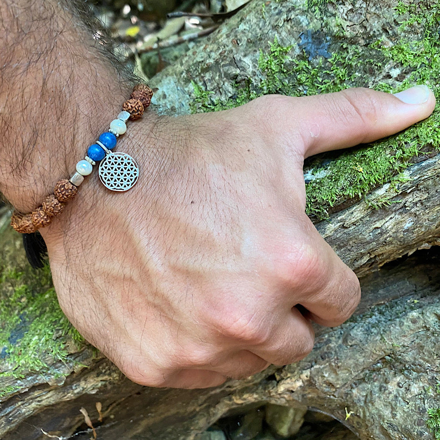 Flower of life Sacred Geometry wrist Mala Beads mens yoga bracelet, rudraksha, lapis lazuli