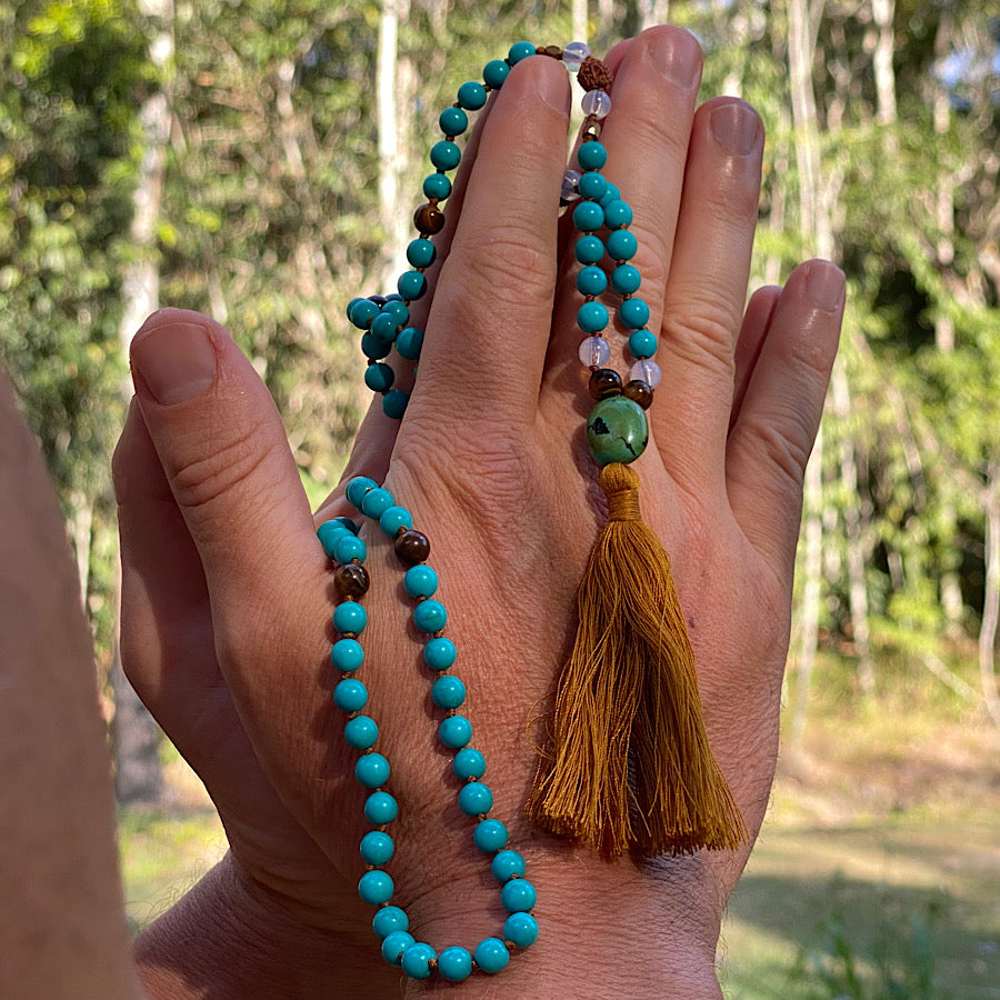 Turquoise, Mens Mala Beads Yoga necklace Turquoise, Tigers Eye & Moonstone FOLLOW YOUR BLISS