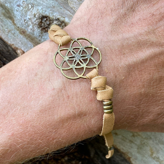 Mens brass Seed Of Life sacred geometry charm bracelet on suede leather
