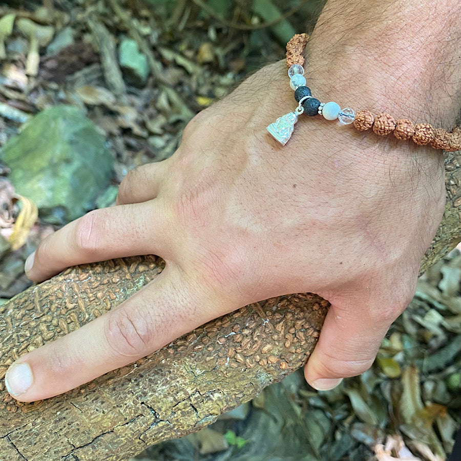 Buddha wrist Mala Beads mens yoga bracelet, rudraksha, quartz, howlite, lava