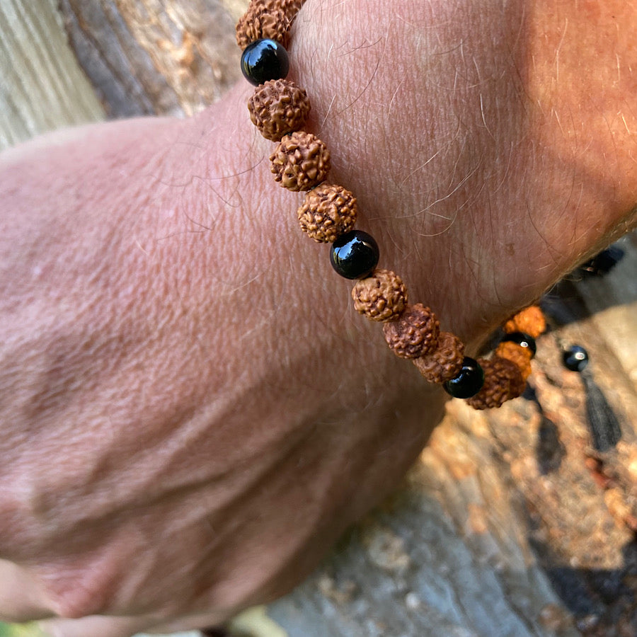 Wrist Mala Beads mens yoga bracelet, Onyx, Rudraksha