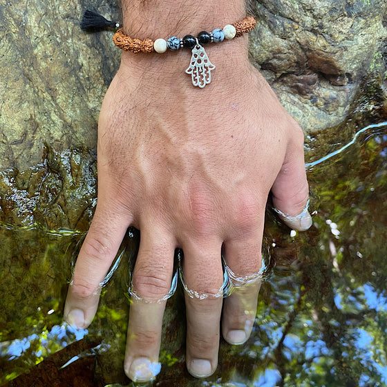Hamsa hand wrist Mala Beads mens yoga bracelet, rudraksha, howlite, lava, onyx