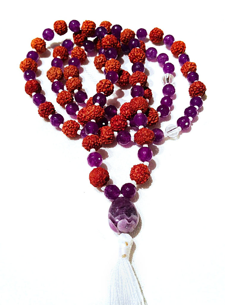 Mala Beads yoga necklace handmade from amethyst, rudraksha