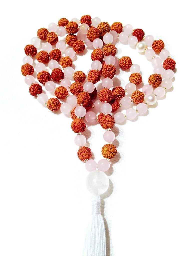 Mala beads yoga necklace of rose quartz, rudraksha, HEART CHAKRA