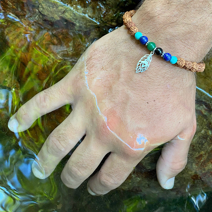 Feather wrist Mala Beads mens yoga bracelet, rudraksha, turquoise, lapis, jade