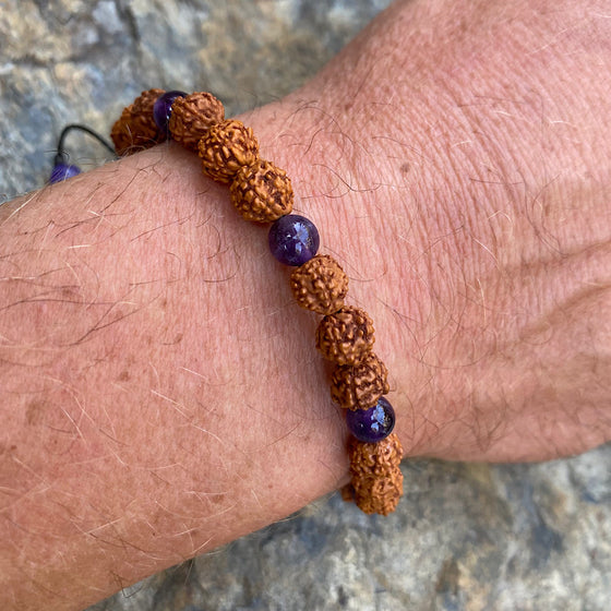 Wrist Mala Beads mens yoga bracelet, Amethyst, rudraksha