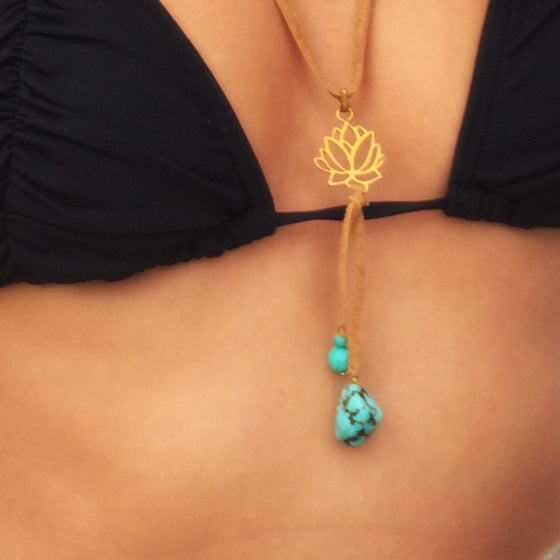 Brass Lotus & Turquoise Boho Suede necklace