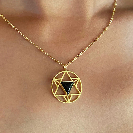 Merkaba Gold plated sacred geometry Tantric Star Necklace with Onyx