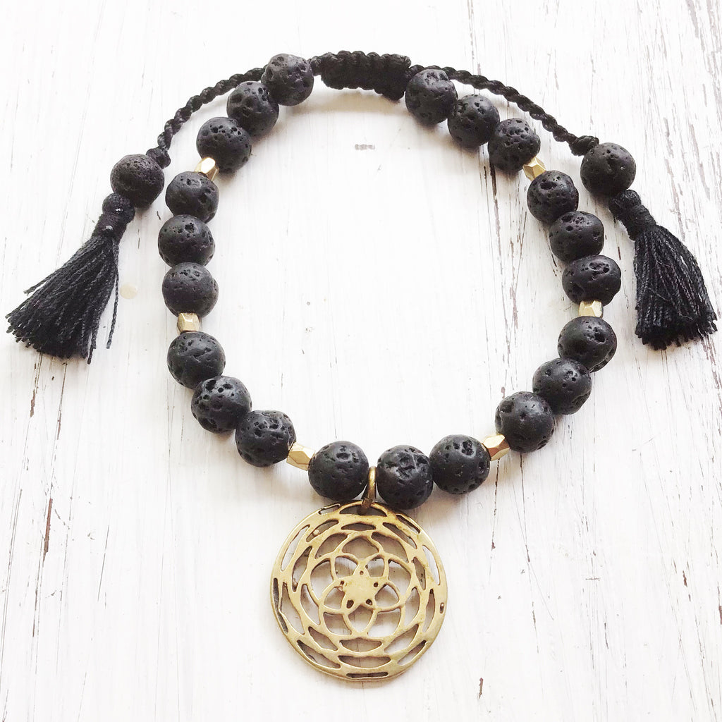 Lava Mala Beads Yoga Bracelet Brass Rose Of Venus sacred geometry charm