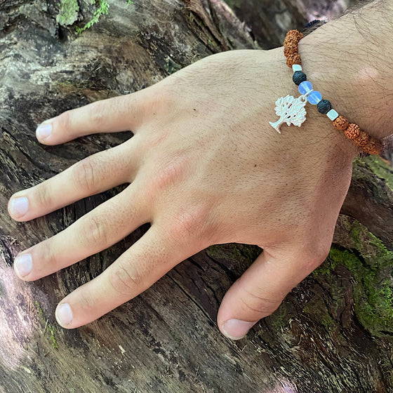 Tree of life wrist Mala Beads mens yoga bracelet, rudraksha, lava, moonstone