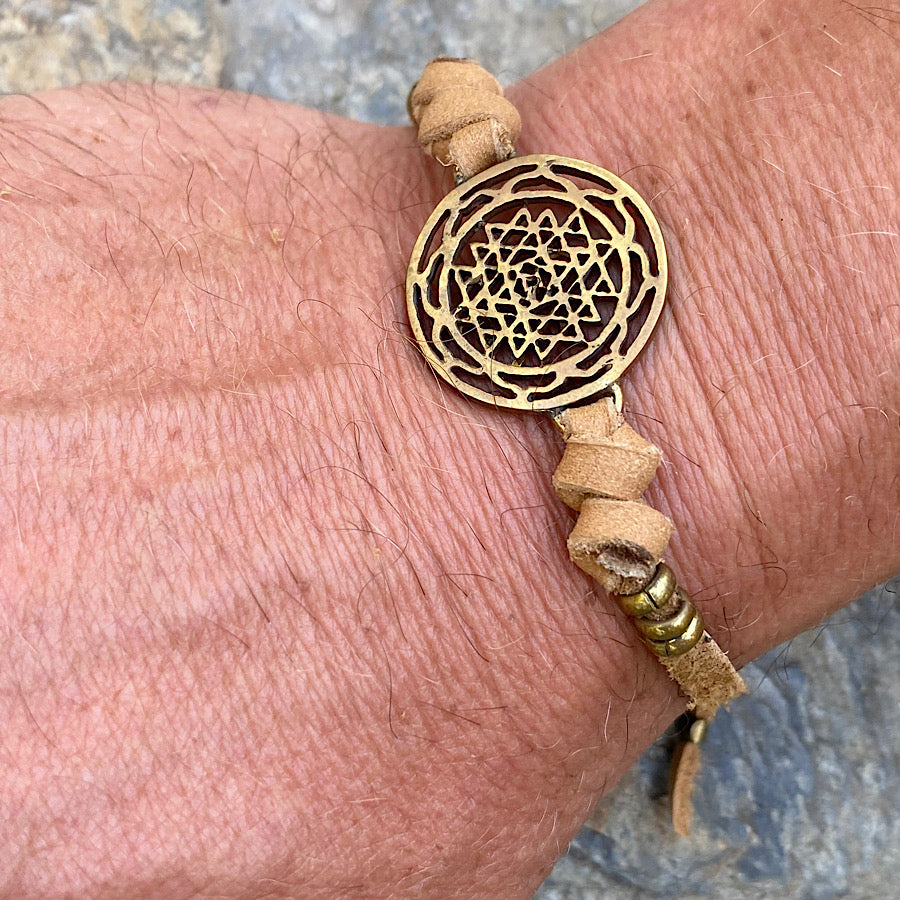 Mens brass Sri Yantra sacred geometry charm bracelet on suede leather