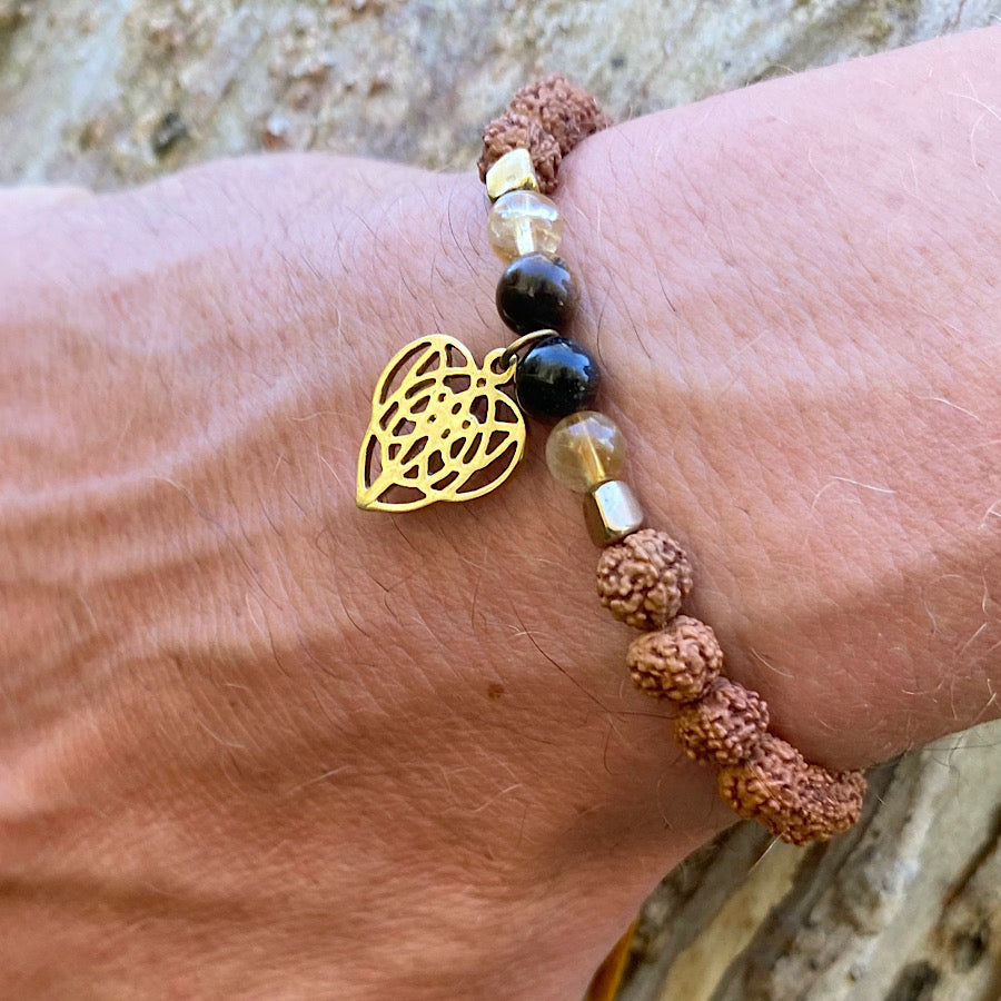 Celtic heart wrist Mala Beads mens yoga bracelet, rudraksha, citrine, tigers eye
