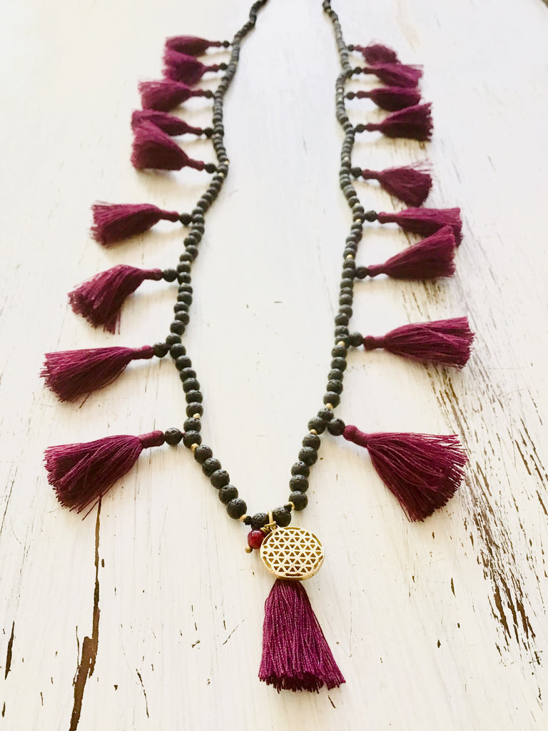 Lava Boho tassel Necklace with Flower Of Life charm and Ruby