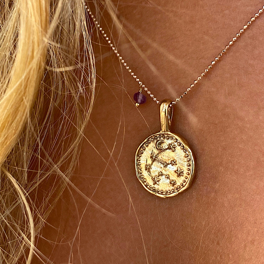 Aquarius star sign Zodiac necklace Gold constellation pendant, Amethyst birthstone