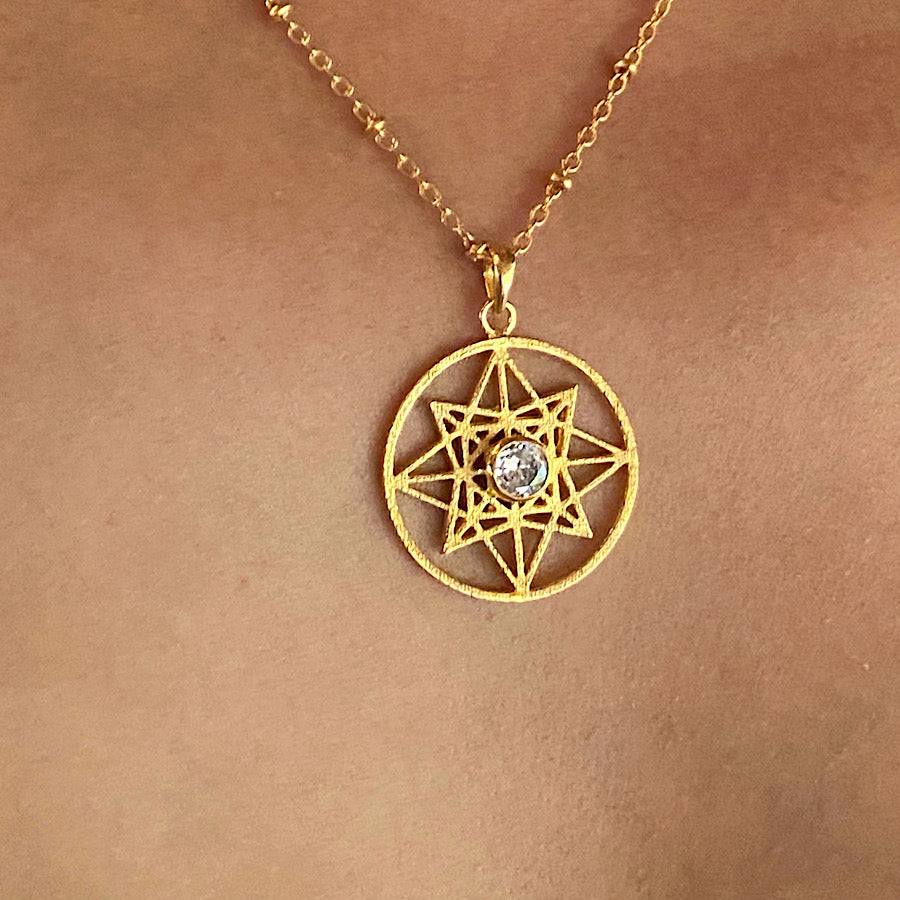 Goddess Venus Love Star Sacred Geometry Gold necklace with Zircon diamond centre