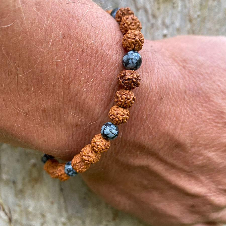 Wrist Mala Beads mens yoga bracelet, Snowflake Obsidian, Rudraksha