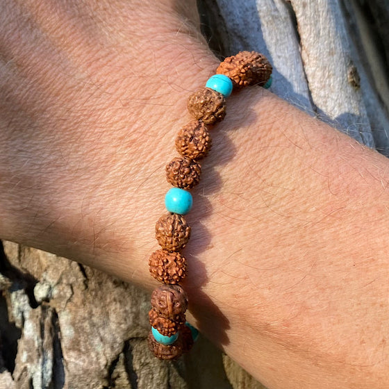 Wrist Mala Beads mens yoga bracelet, rudraksha, turquoise