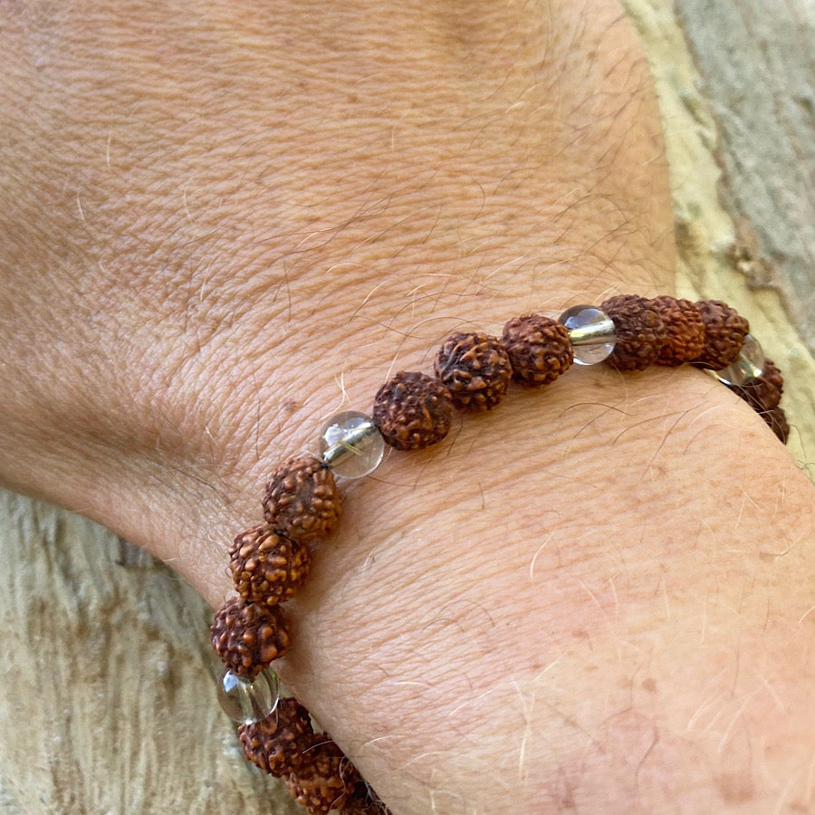 Wrist Mala Beads mens yoga bracelet, Quartz, Rudraksha