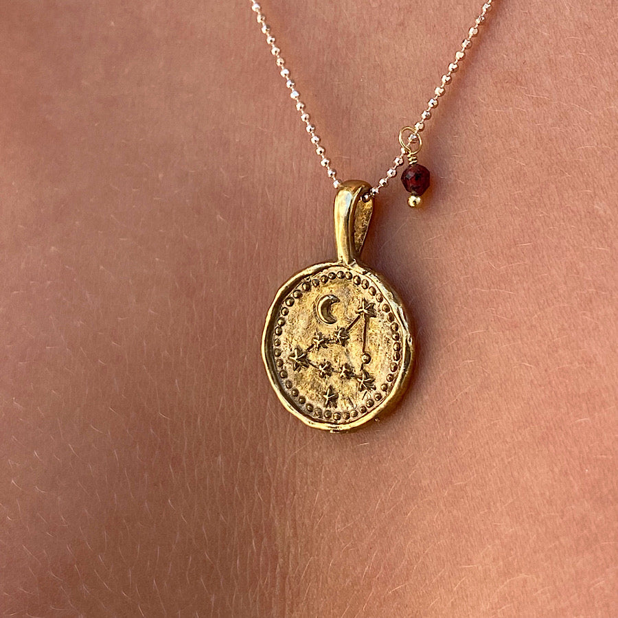 Capricorn star sign Zodiac necklace Gold  constellation pendant, Garnet birthstone