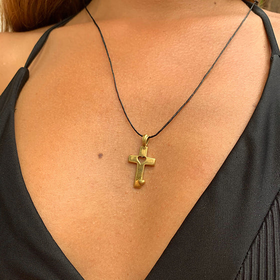 Cross pendant heart themed brass necklace