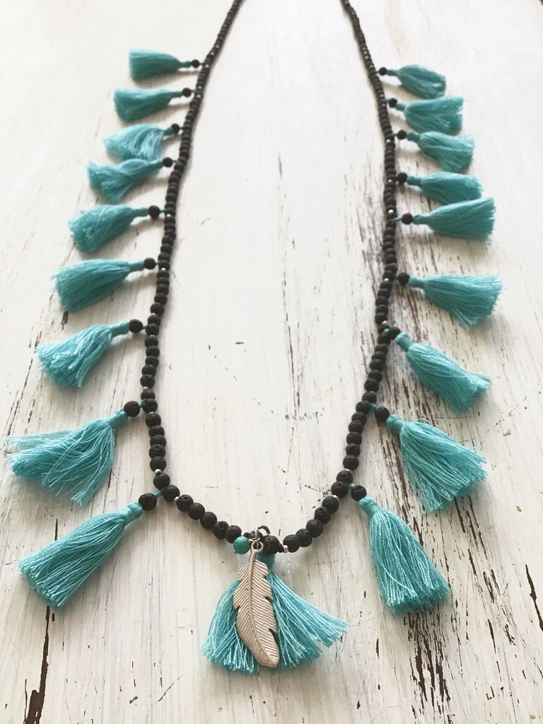 Lava Boho tassel Necklace with Feather charm and Turquoise