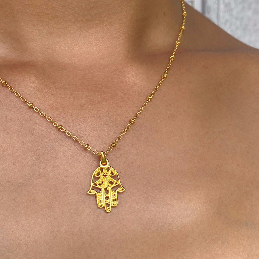 Hamsa Hand Gold necklace with Smokey Quartz gemstones
