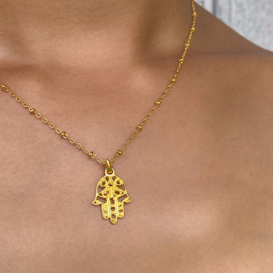 Hamsa Hand Gold necklace with Smokey Quartz gemstones